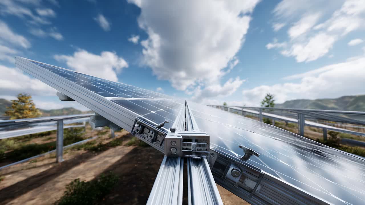 Vista affascinante dell'installazione di pannelli solari che enfatizza le soluzioni di energia sostenibile sotto cieli panoramici, mettendo in mostra la tecnologia avanzata e l'ambiente naturale per la produzione di energia rinnovabile