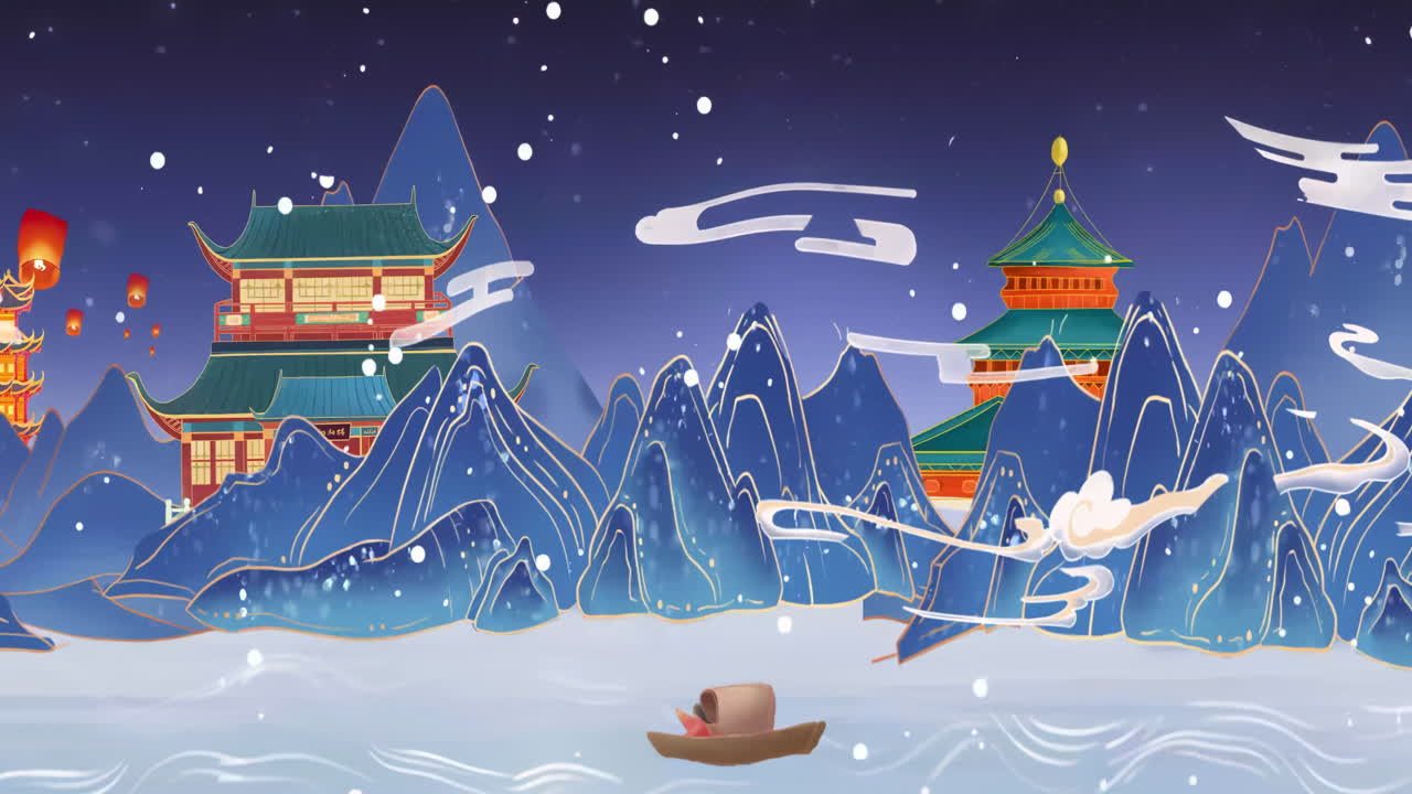 Serene Winter Night in China: A Traditional Landscape Painting
