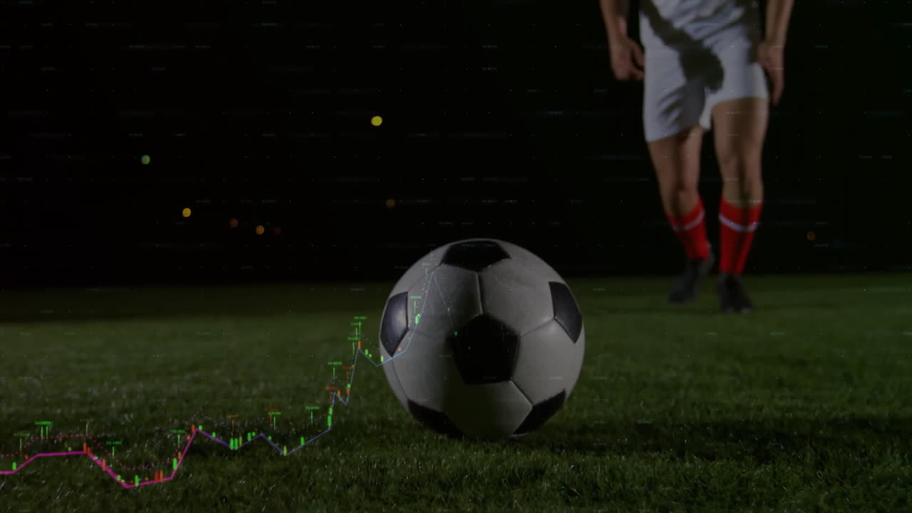 Animation af finansiel databehandling over kaukasisk mandlig fodboldspiller