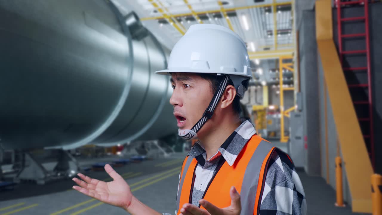 안전 헬을 입은 아시아 남성 엔지니어가 파이프 제조 공장에서 서서 왜 의심스럽게 일하는지 궁금해하고 말합니다.