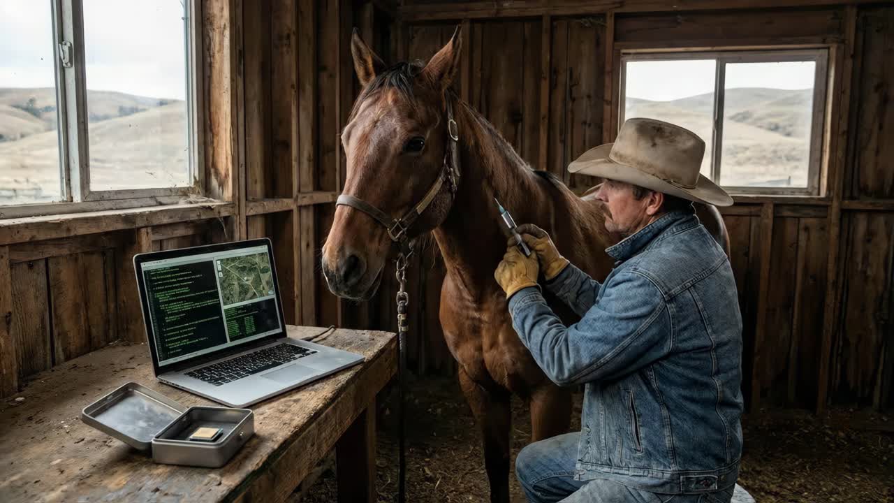 Cowboy, der bruger en bærbar computer, mens han arbejder med en hest i en lade