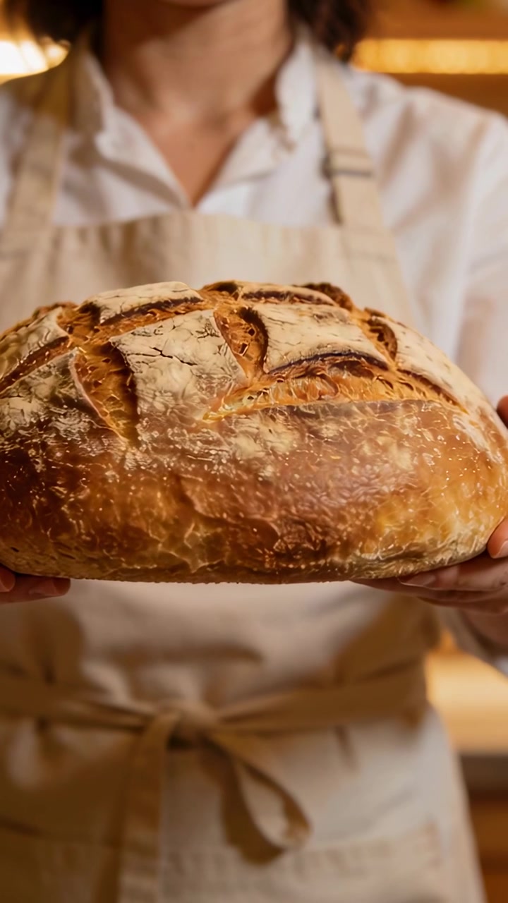 Vertical video: Starting camera baker in apron lifting round loaf closer in bakery to sell