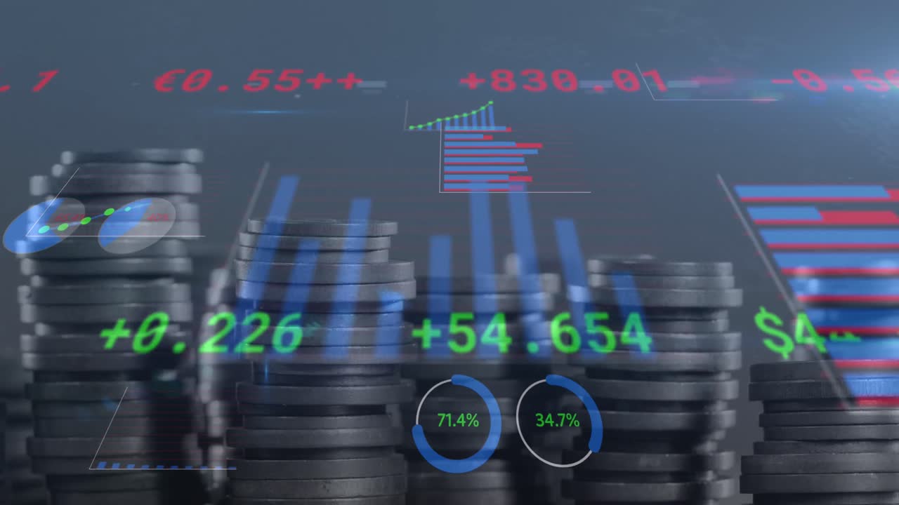 animación del procesamiento de datos financieros sobre la pila de monedas