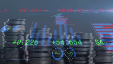 Animation-of-financial-data-processing-over-stack-of-coins