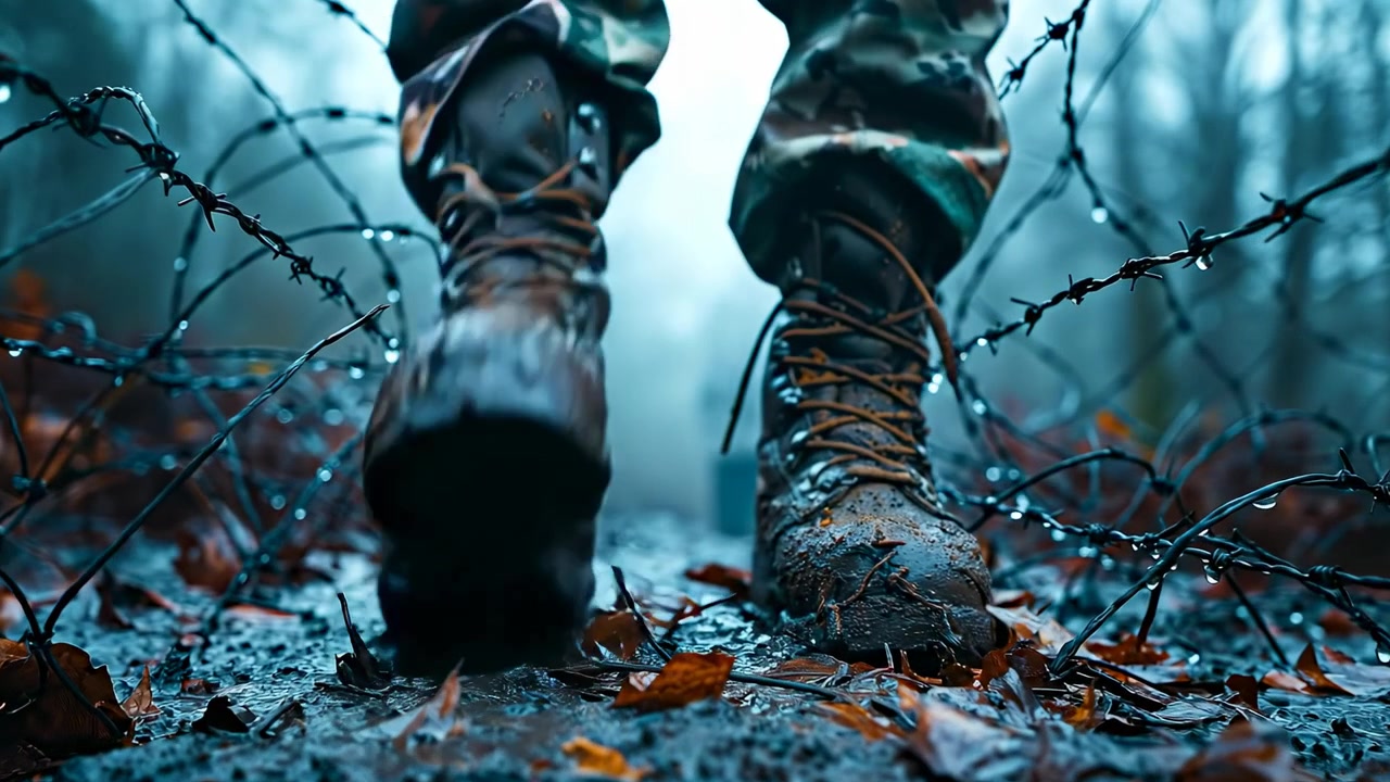 Stivali da combattimento infangati che camminano attraverso un campo con filo spinato. Scatto ravvicinato dal basso di stivali militari bagnati nel fango accanto al filo spinato durante una giornata autunnale piovosa.