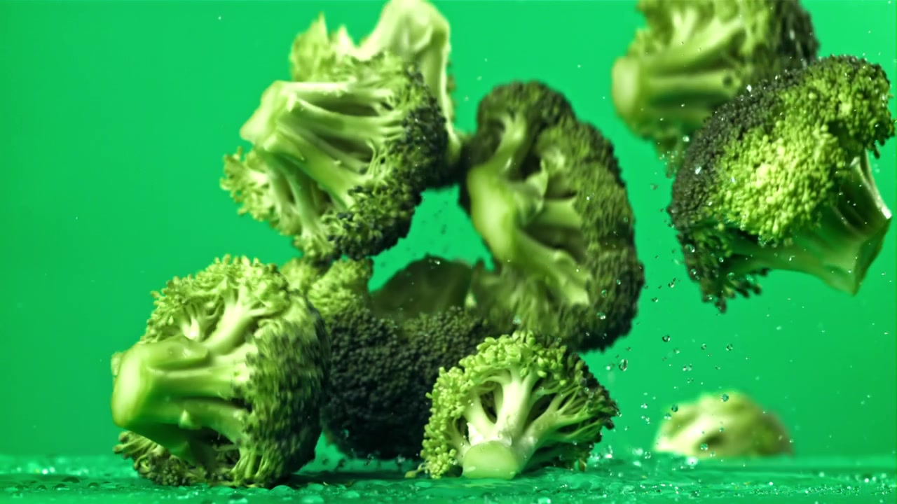 Cimette di broccoli freschi che cadono e schizzano in slow motion