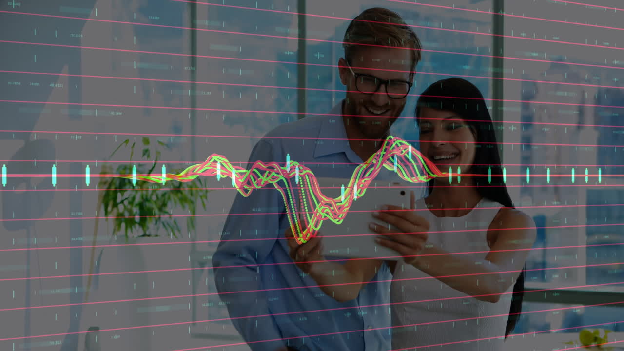animación de gráficos de datos financieros sobre personas de negocios discutiendo información en la tableta