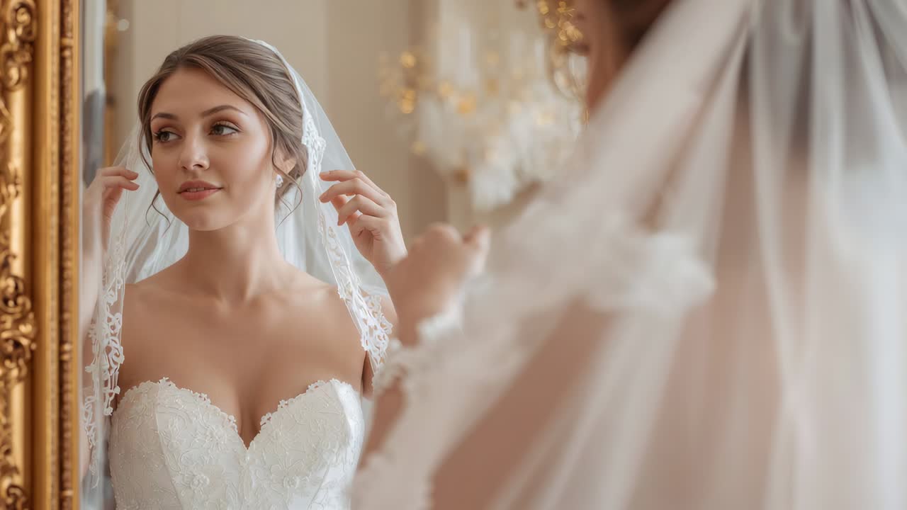 Adjusting bride preparing for vows, raising hands placing veil by gold mirror smoothing lace dress