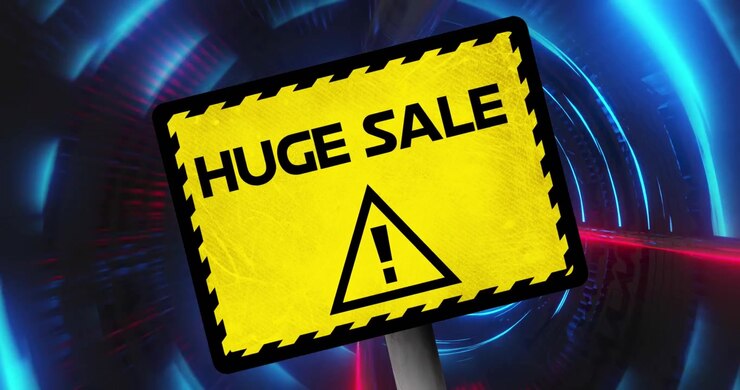 Animation of yellow board with huge sale text and alert sign moving in colorful illuminated tunnel