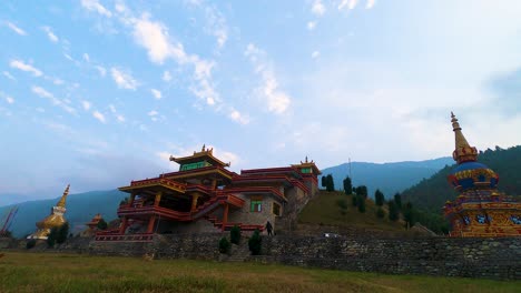 buddhist monastery with bright blue sky at morning from low angle video is taken at dirang monastery arunachal pradesh india