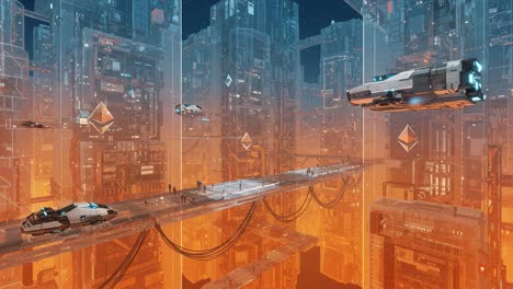 a glimpse into a futuristic metropolis: high-tech vehicles and structures admire the advanced cityscape in a vibrant neon environment