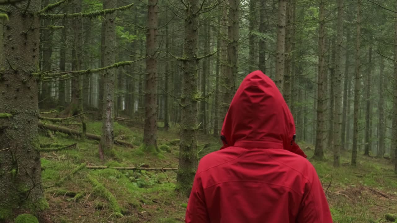 tiro lento de un excursionista con una capucha roja caminando en un bosque verde y espeso en cámara lenta