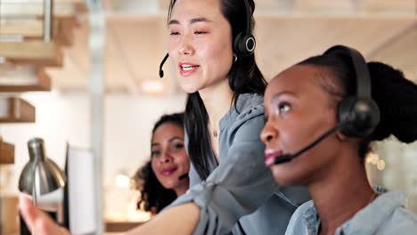 asian woman, call center and coaching team