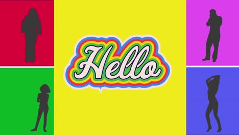 animation of retro hello rainbow text over yellow background and silhouettes of people on colourful