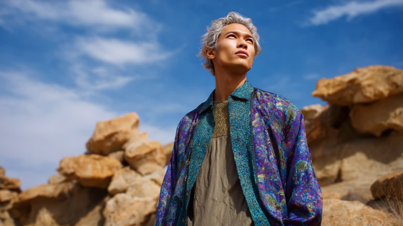 Una persona elegante posa davanti a una formazione rocciosa nel deserto, mettendo in mostra abiti vivaci ed espressione facciale accattivante sotto un cielo azzurro.