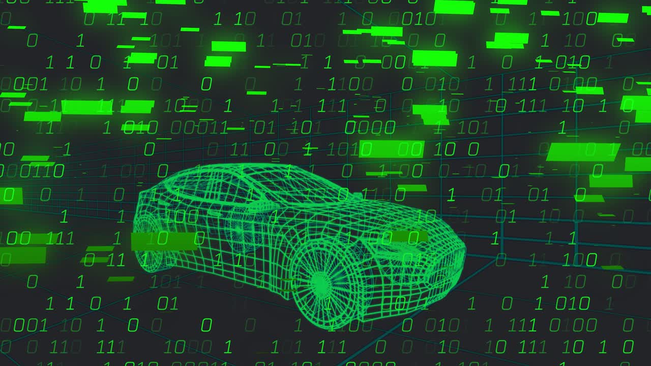 Auto wireframe verde neon scansionata, con blocchi di dati in arrivo che inondano il primo piano per simulare una scansione.