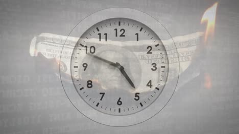 animación del tic-tac del reloj sobre el billete de dólar estadounidense en llamas