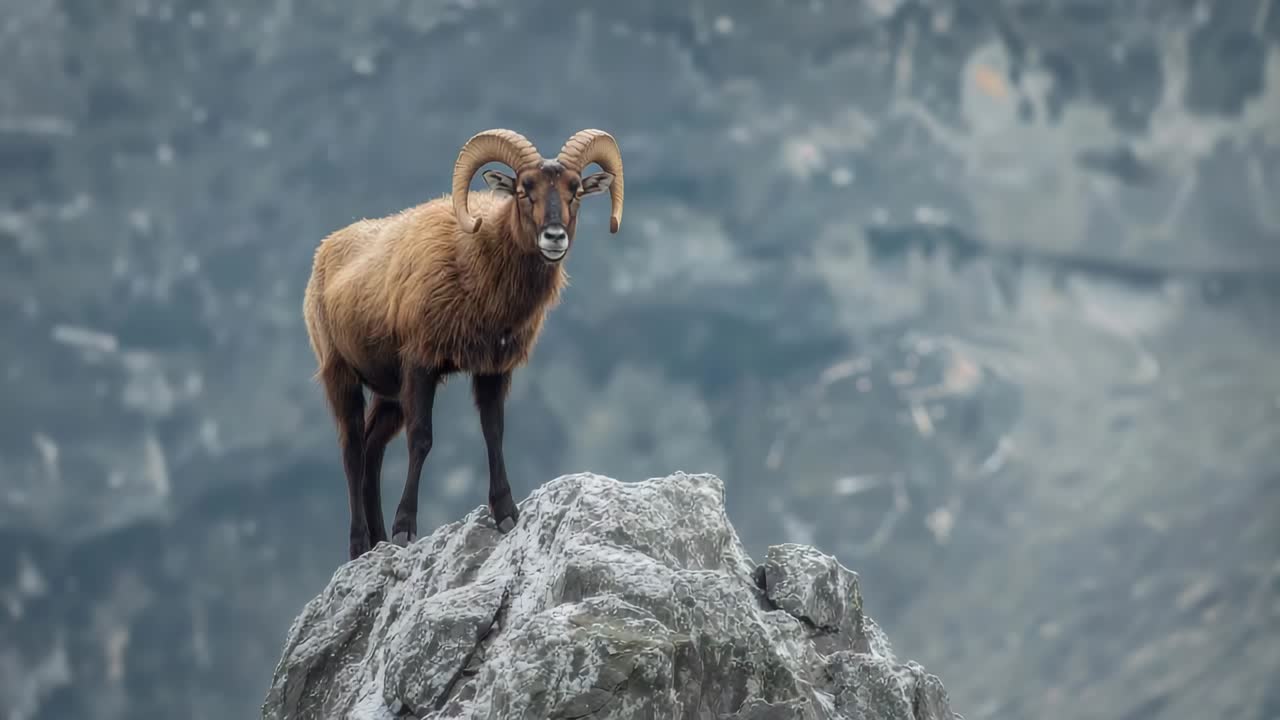 Spotting movement, ram turning toward lens on jagged rock, surveying with curved horns, woolly coat