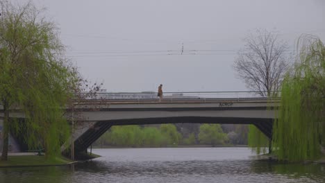 static shoot of person passing left to right on a bridge over a body of water in the city with traffic in the background