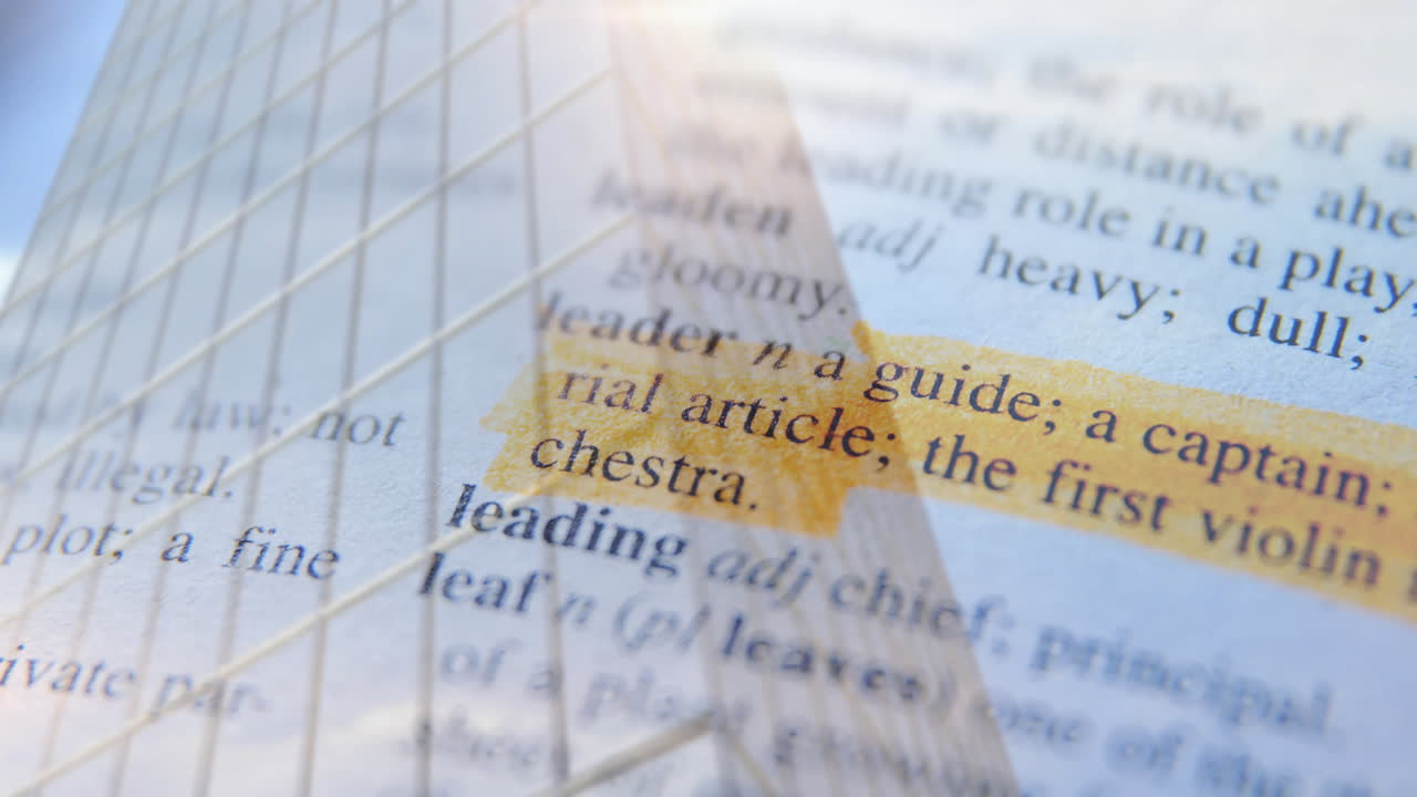 Highlighted dictionary text showing leader definition over building animation