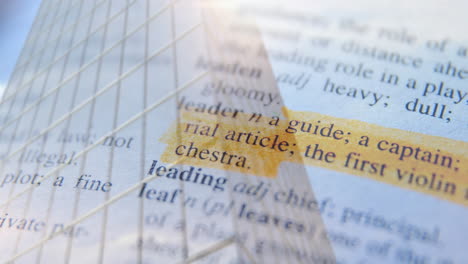 highlighted dictionary text showing leader definition over building animation