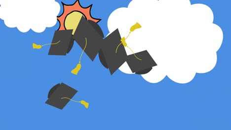 Animation-of-graduation-college-university-hats-being-thrown-in-the-air-with-blue-sky-in-the-backgro