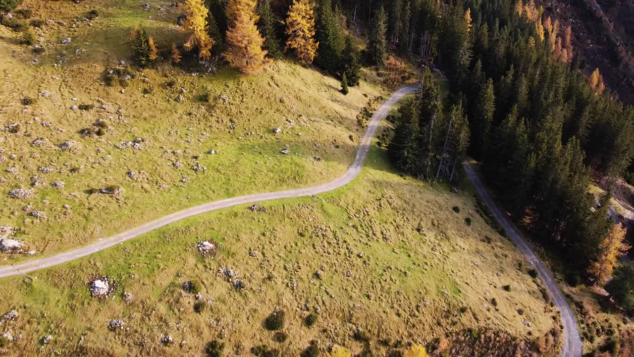 árboles de bosque de caída naranja aérea en la ladera de la montaña con sendero de senderismo en los alpes, de arriba hacia abajo, innsbruck austria