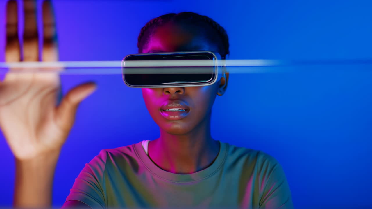 Young Black Woman Interacting with Virtual Reality Headset