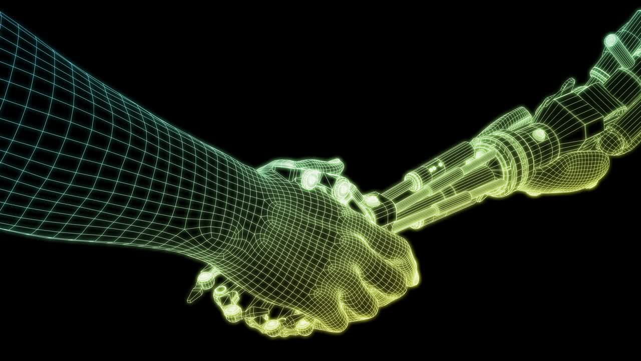 tecnología de ingeniería con brazo robótico y mano humana de apretón de mano en bucle