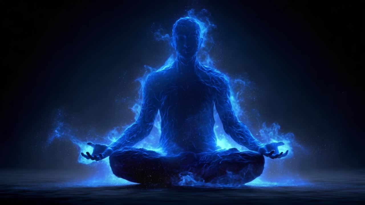 Una scena di meditazione serena con una figura meditativa che irradia energia in un bagliore blu cosmico, evocando temi di spiritualità e pace interiore su uno sfondo scuro