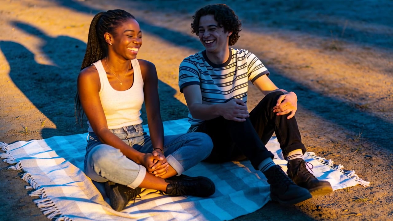 Coppia di adolescenti che si guardano negli occhi e ridono su una coperta da picnic a righe, indossando canotta e jeans.
