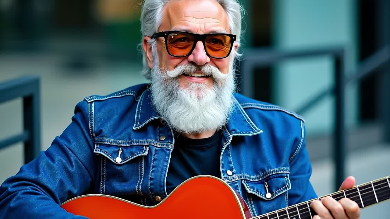 A man with a white beard and sunglasses playing an acoustic guitar