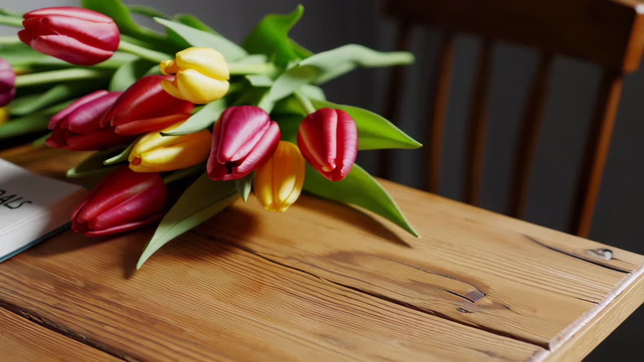 Open Notebook with Tulips on Wooden Table
