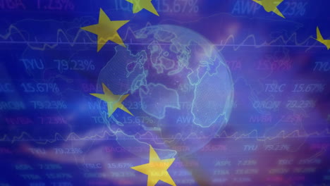 animation of financial data processing over globe and flag of european union