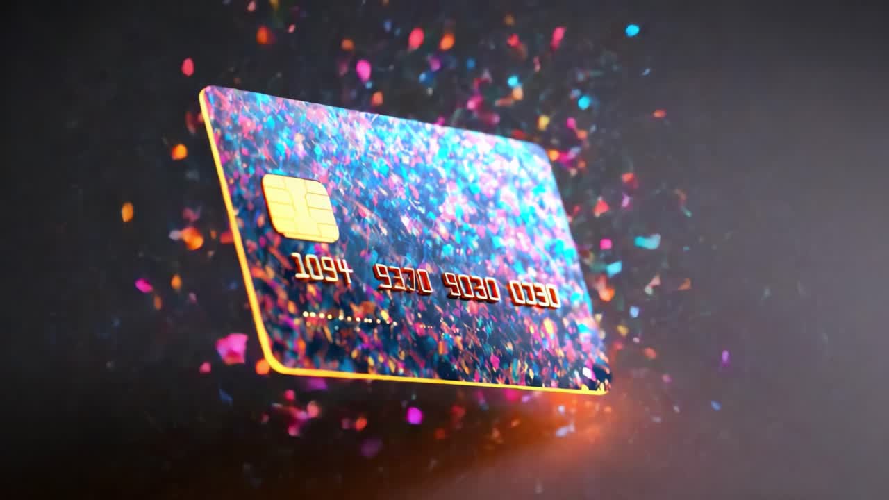 A Vibrant and Colorful Credit Card Glimmering in Mid-Air, Surrounded by Floating Confetti, Illustrating the Excitement of Financial Transactions and Modern Payment Methods