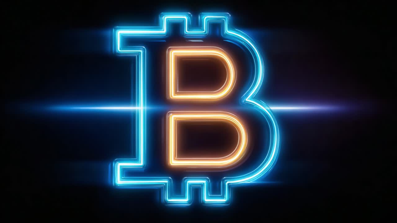 Illuminated Bitcoin Symbol in Neon Light Against Dark Background Highlighting the Rise of Cryptocurrency and Digital Finance Innovations in Modern Economy