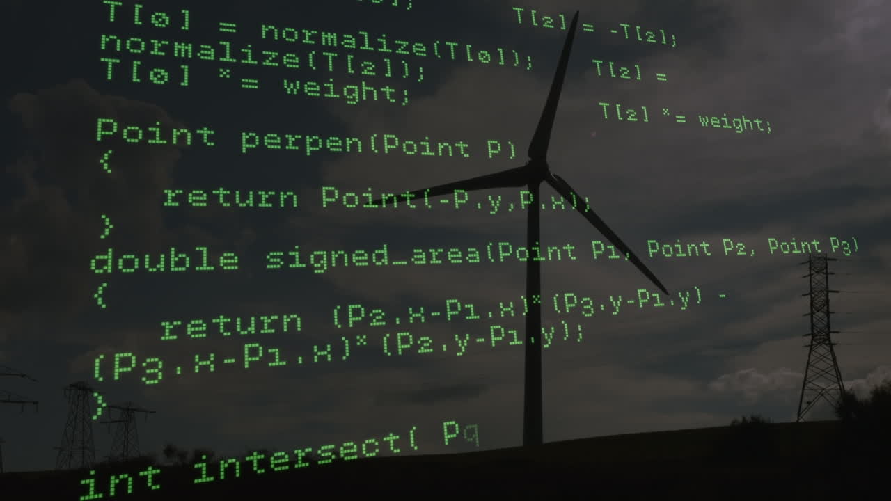 animación del procesamiento de datos sobre la turbina eólica y el cielo con nubes