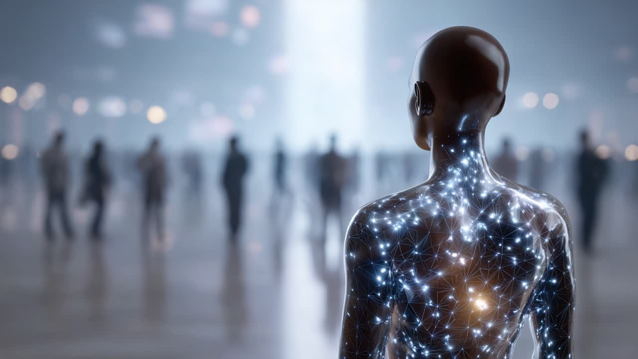 Una figura umanoide futuristica articolata con reti neurali luminose si erge in primo piano, di fronte a una folla di persone indistinte, a simboleggiare connettività e tecnologia.
