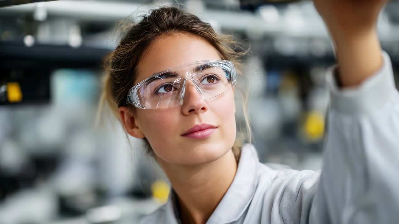 Focused Female Technician in Protective Eyewear Engaged in Precision Work in a Modern Laboratory Setting, Showcasing Innovation and Attention to Detail in Science and Technology