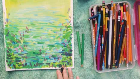 creating a water lily painting with colored pencils