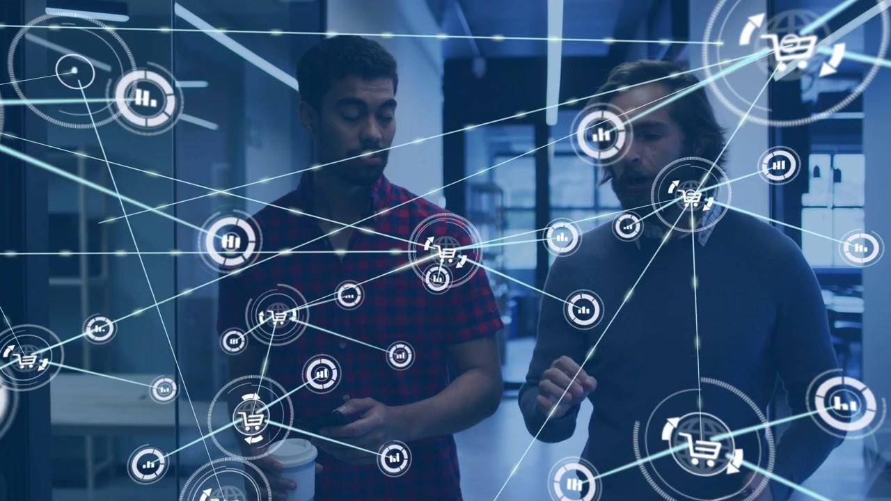 Two men walking hall, spinning HUD growing into network, gesturing tablet, glancing phone for tech