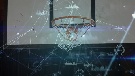 basketball hoop with ball and data processing animation over network connections