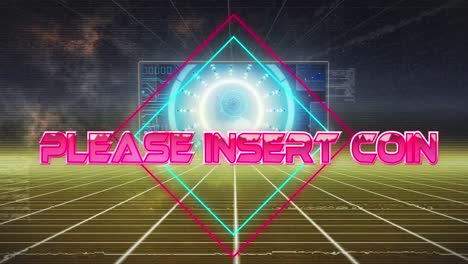 animation of please insert coin in digital abstract space with screen