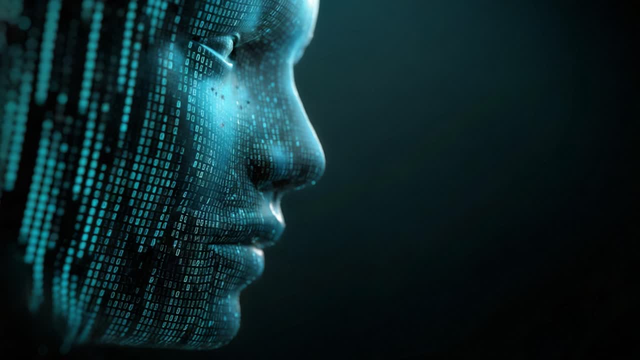 Futuristic digital human face with binary code moving on its surface, representing artificial intelligence, machine learning, deepfake technology, virtual reality and the metaverse concept
