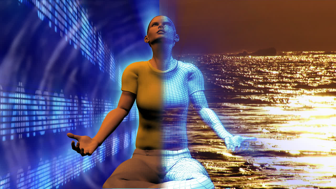 humano digital en la posición de buda. concepto de estrés y relajación en los negocios