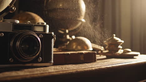 vintage camera on a wooden desk with globes