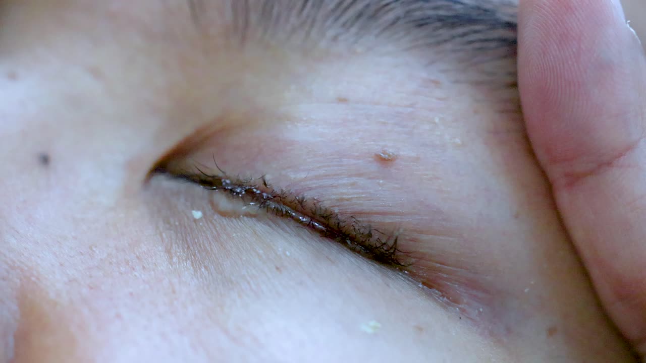 Person applies eye drops to irritated, red eye in detailed close-up with natural lighting