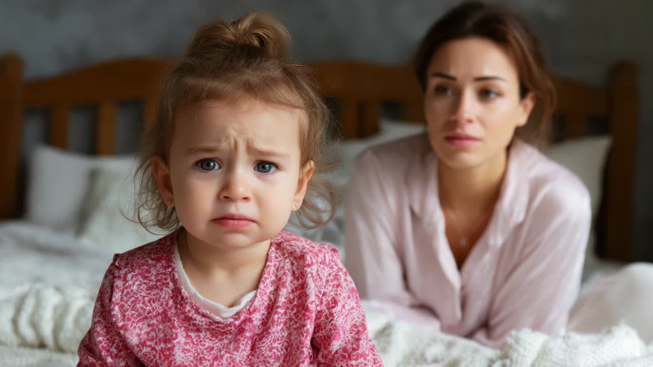 A Heart-Wrenching Moment: A Distressed Child Displays Sadness While Sitting in Bed, Observed by a Concerned Mother, Capturing the Depths of Emotional Connection and Parental Care