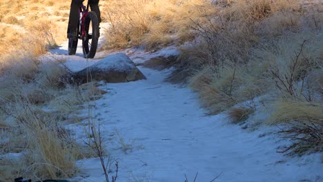 cyclist pedals mountain bike up a shaded snow covered trail in winter