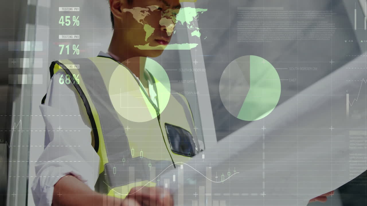 animación de procesamiento de datos financieros arquitecto masculino biracial usando una tableta